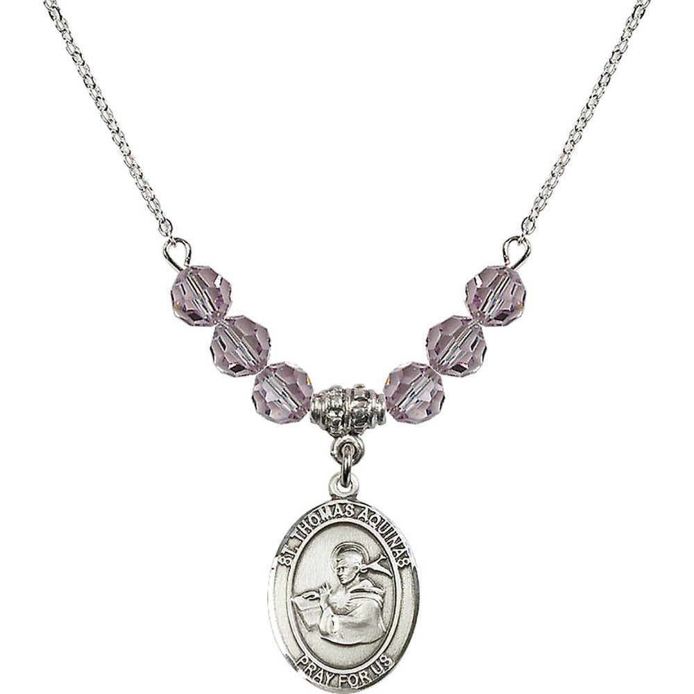 Sterling Silver Saint Thomas Aquinas Birthstone Necklace with Light Amethyst Beads - 8108