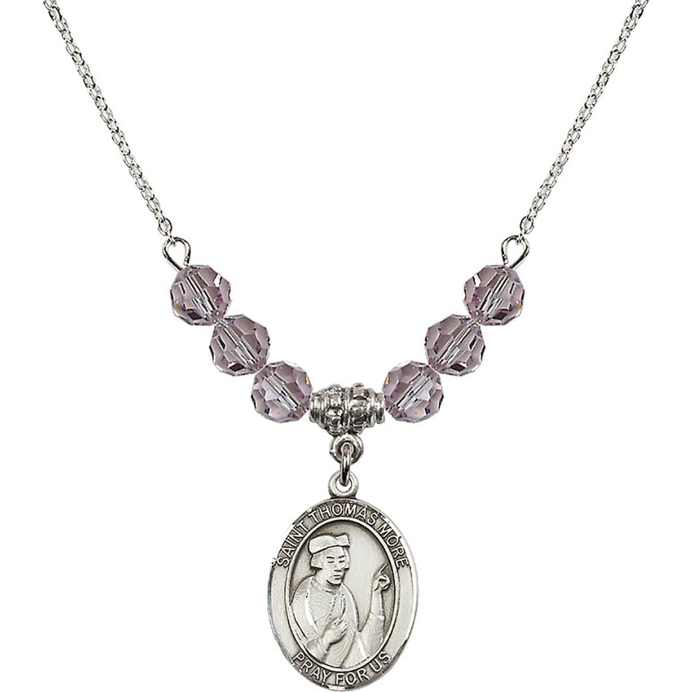 Sterling Silver Saint Thomas More Birthstone Necklace with Light Amethyst Beads - 8109