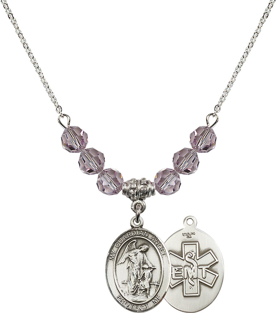Sterling Silver Guardian Angel / EMT Birthstone Necklace with Light Amethyst Beads - 8118