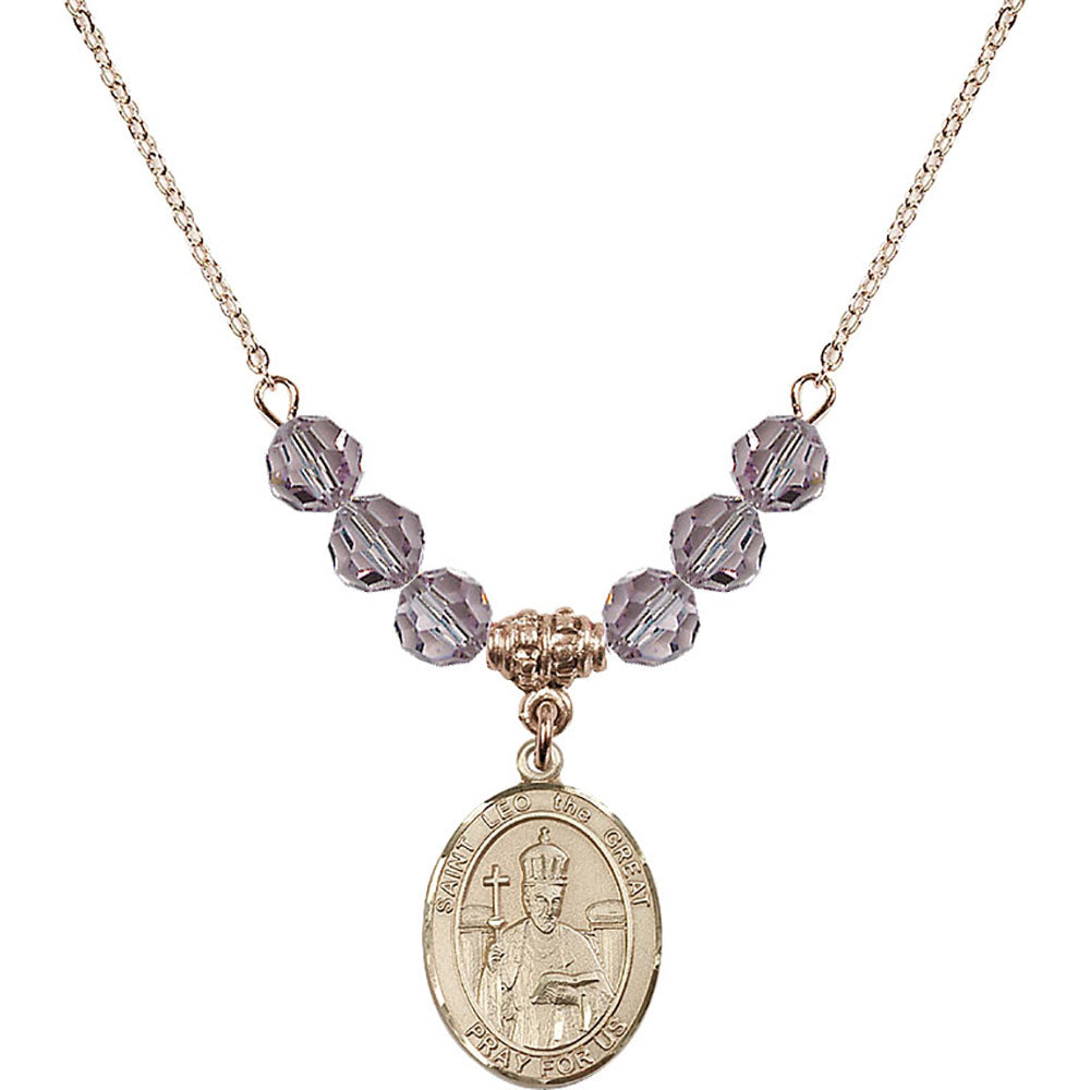 14kt Gold Filled Saint Leo the Great Birthstone Necklace with Light Amethyst Beads - 8120