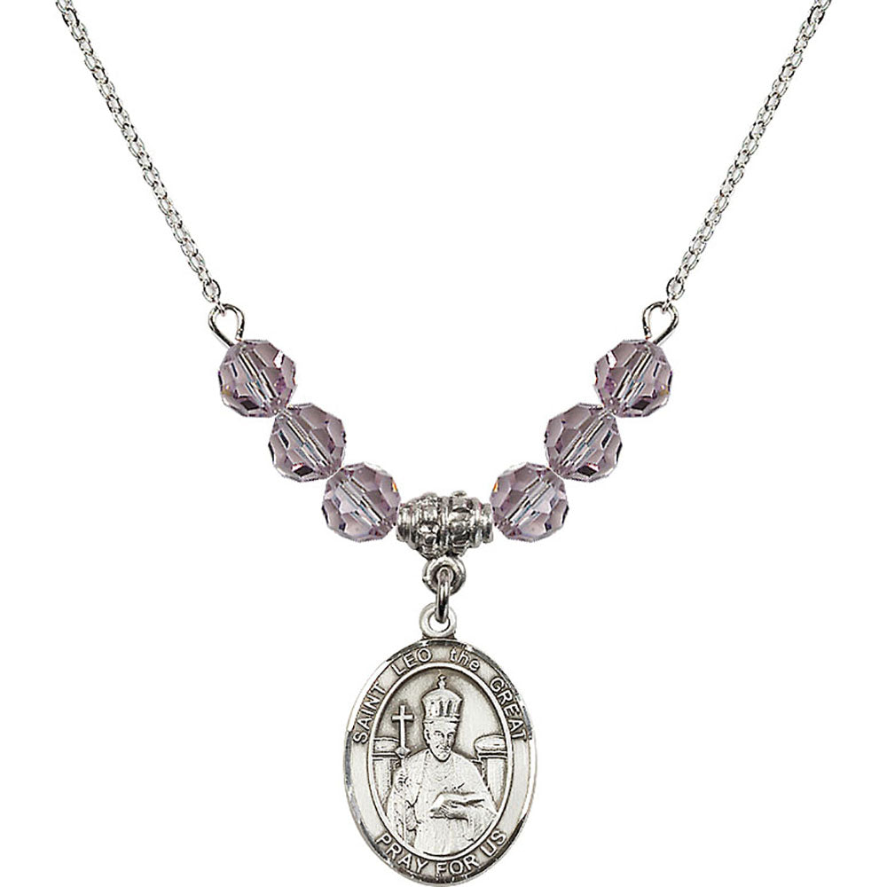 Sterling Silver Saint Leo the Great Birthstone Necklace with Light Amethyst Beads - 8120