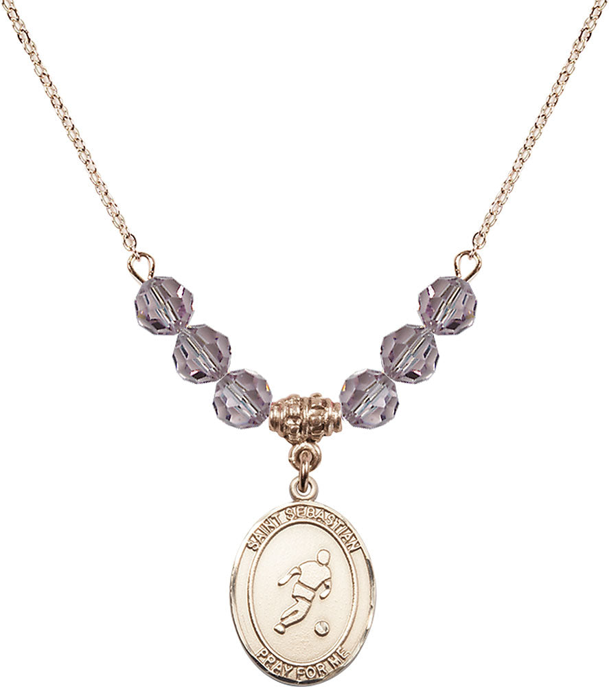 14kt Gold Filled Saint Sebastian/Soccer Birthstone Necklace with Light Amethyst Beads - 8164