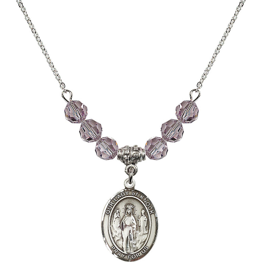 Sterling Silver Our Lady of Knock Birthstone Necklace with Light Amethyst Beads - 8246
