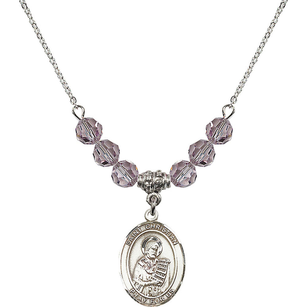 Sterling Silver Saint Christian Demosthenes Birthstone Necklace with Light Amethyst Beads - 8257