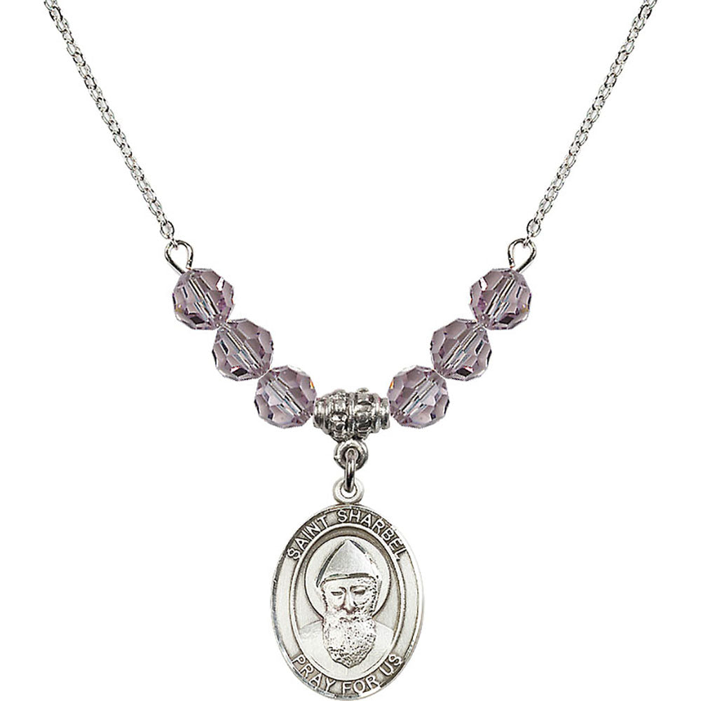 Sterling Silver Saint Sharbel Birthstone Necklace with Light Amethyst Beads - 8271