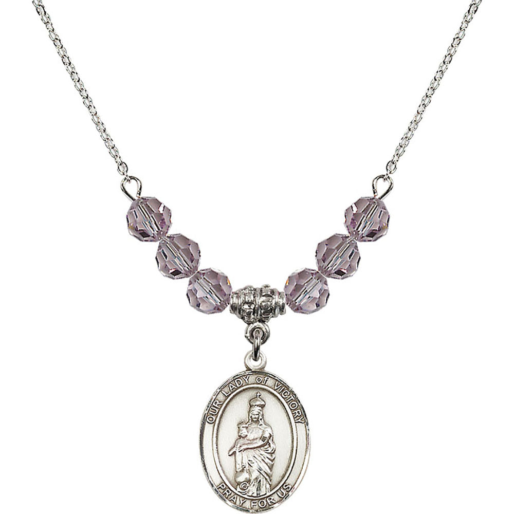 Sterling Silver Our Lady of Victory Birthstone Necklace with Light Amethyst Beads - 8306