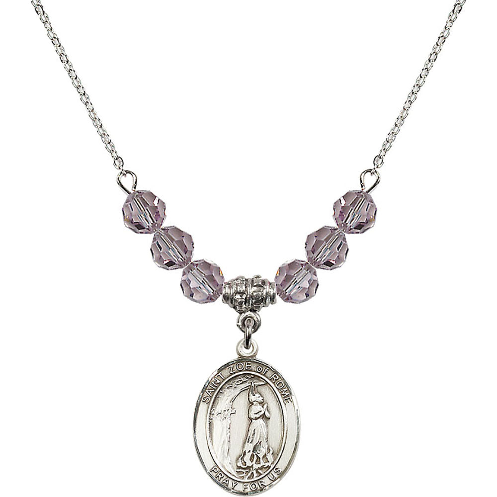 Sterling Silver Saint Zoe of Rome Birthstone Necklace with Light Amethyst Beads - 8314