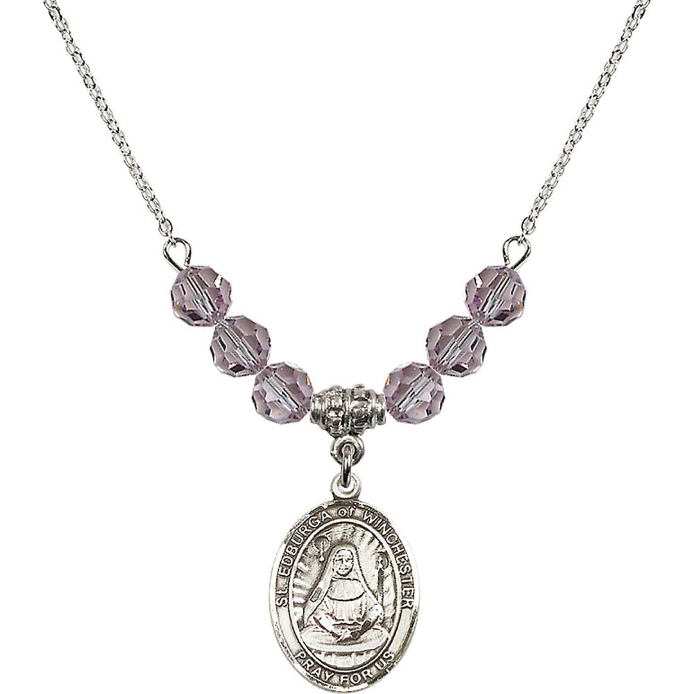 Sterling Silver Saint Edburga of Winchester Birthstone Necklace with Light Amethyst Beads - 8324