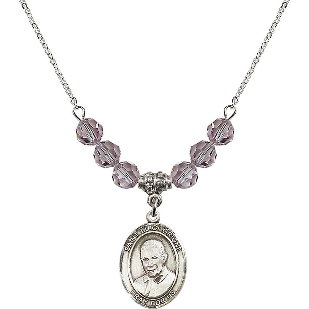 Sterling Silver Saint Luigi Orione Birthstone Necklace with Light Amethyst Beads - 8326