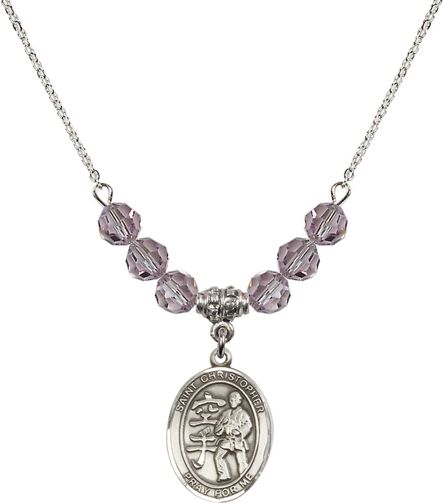 Sterling Silver Saint Christopher / Karate Birthstone Necklace with Light Amethyst Beads - 8515