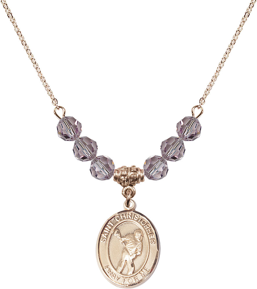14kt Gold Filled Saint Christopher/Lacrosse Birthstone Necklace with Light Amethyst Beads - 8516