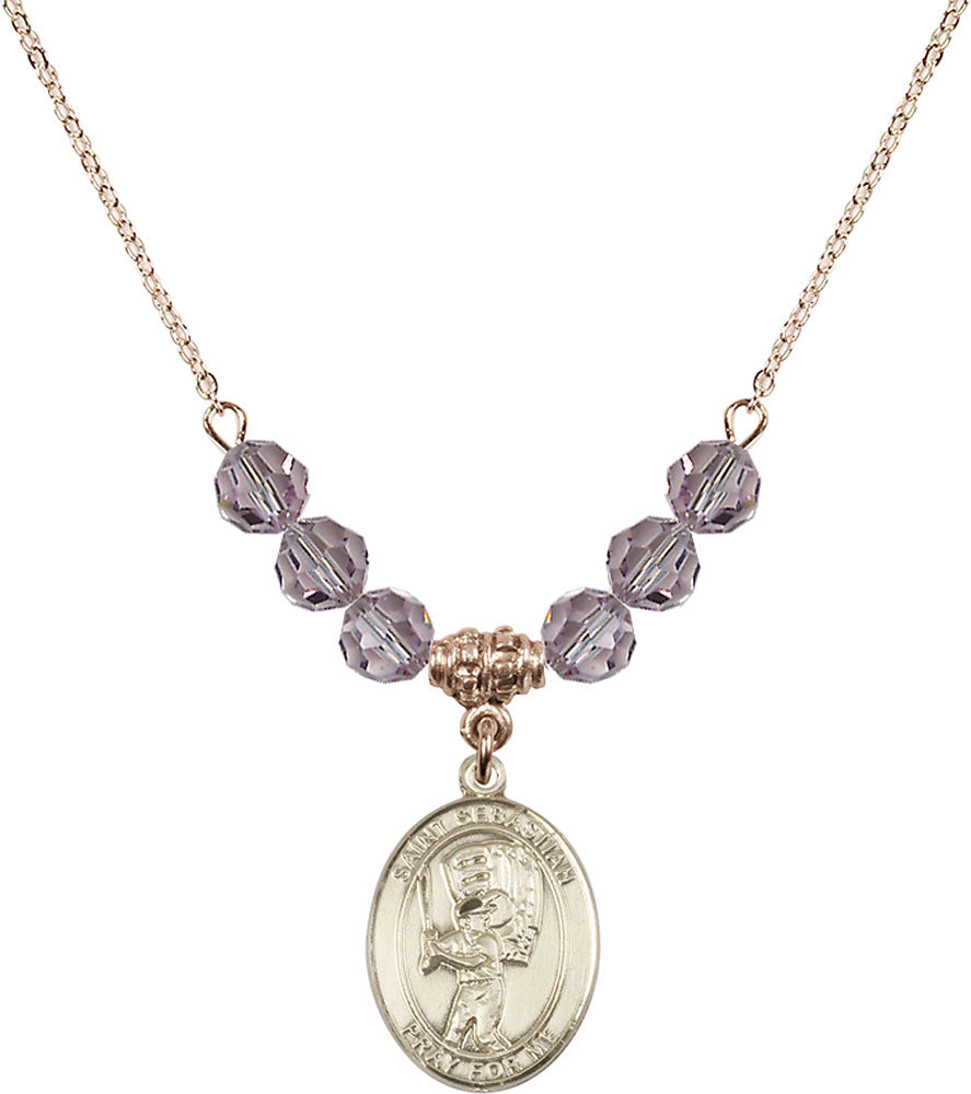 14kt Gold Filled Saint Sebastian / Baseball Birthstone Necklace with Light Amethyst Beads - 8600