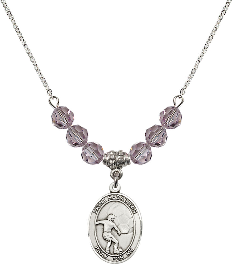 Sterling Silver Saint Sebastian / Soccer Birthstone Necklace with Light Amethyst Beads - 8603