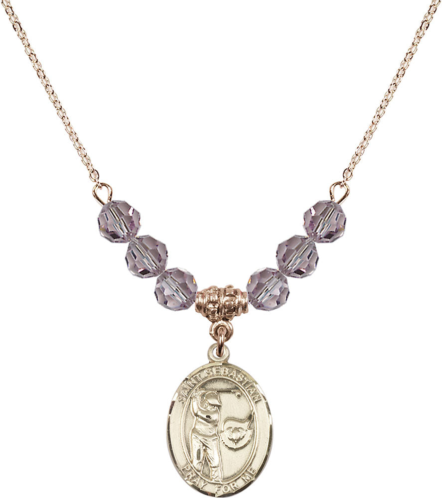 14kt Gold Filled Saint Sebastian / Golf Birthstone Necklace with Light Amethyst Beads - 8606