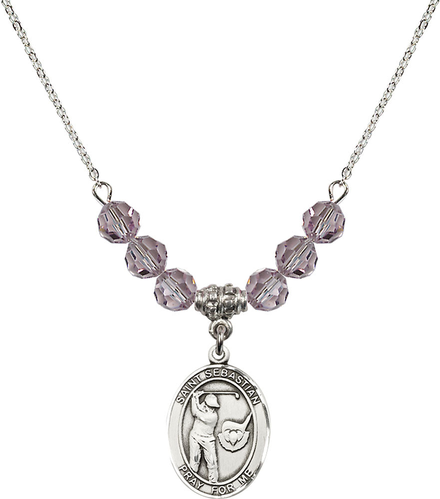 Sterling Silver Saint Sebastian / Golf Birthstone Necklace with Light Amethyst Beads - 8606