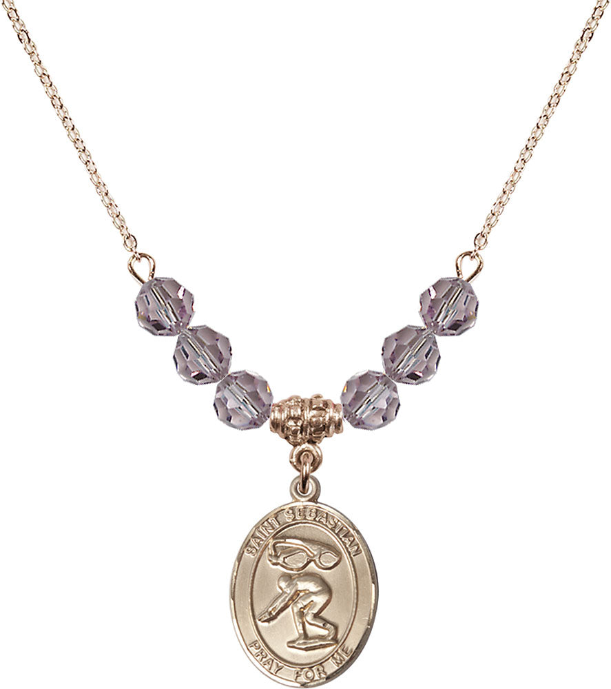 14kt Gold Filled Saint Sebastian/Swimming Birthstone Necklace with Light Amethyst Beads - 8611