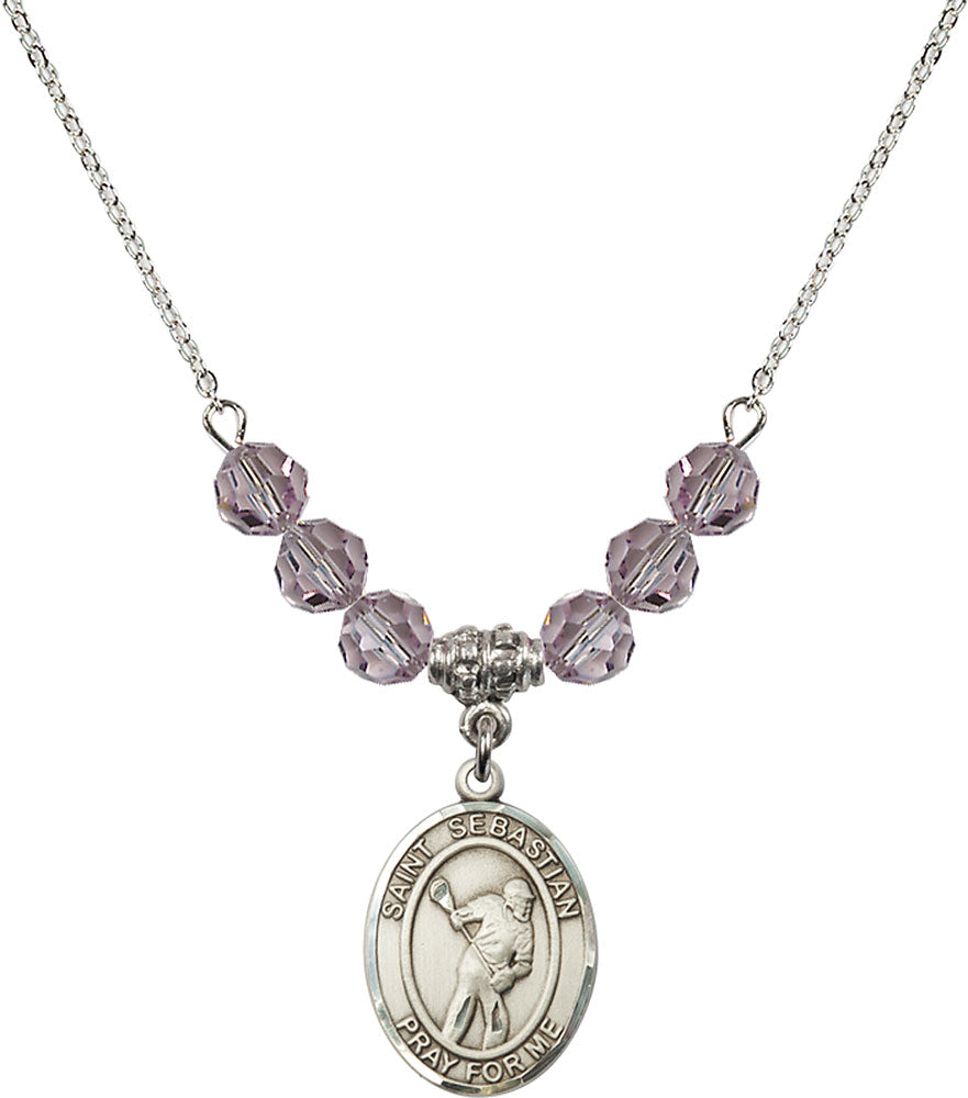 Sterling Silver Saint Sebastian/Lacrosse Birthstone Necklace with Light Amethyst Beads - 8616