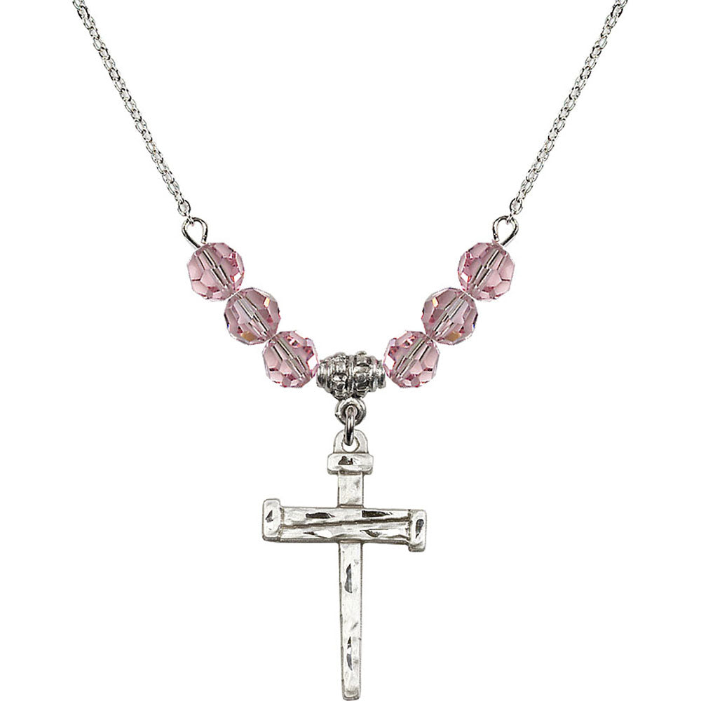 Sterling Silver Nail Cross Birthstone Necklace with Light Rose Beads - 0013