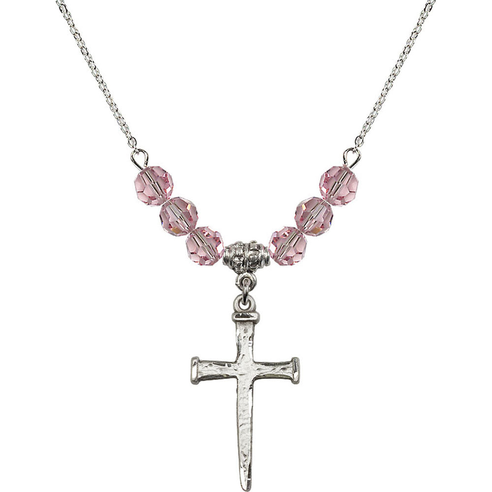 Sterling Silver Nail Cross Birthstone Necklace with Light Rose Beads - 0085