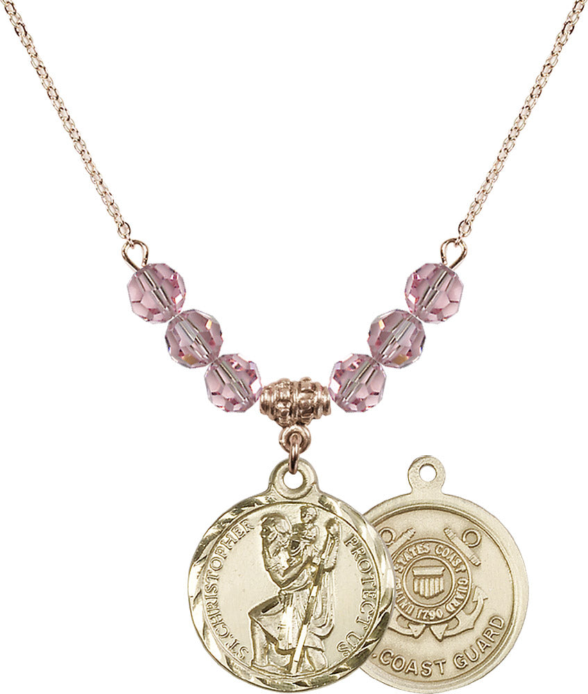 14kt Gold Filled Saint Christopher / Coast Guard Birthstone Necklace with Light Rose Beads - 0192