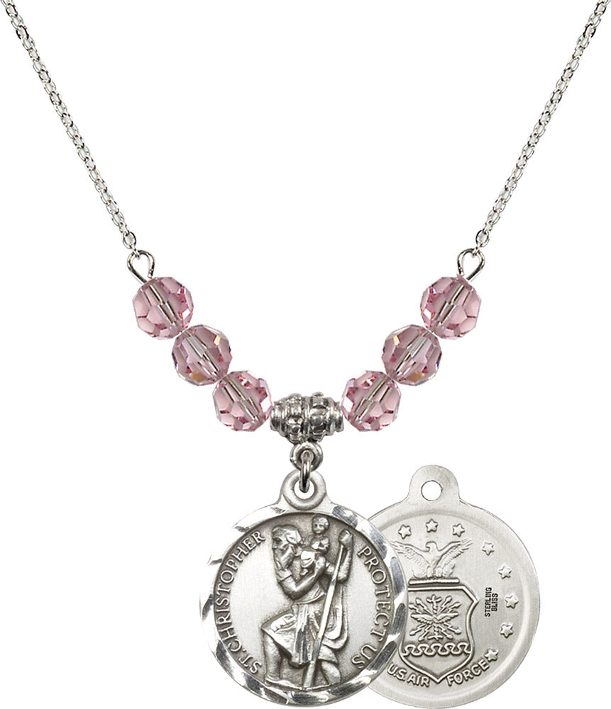 Sterling Silver Saint Christopher / Air Force Birthstone Necklace with Light Rose Beads - 0192
