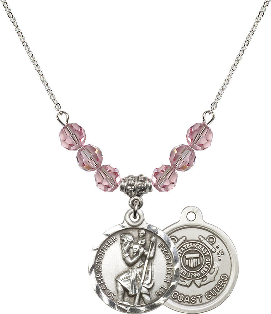 Sterling Silver Saint Christopher / Coast Guard Birthstone Necklace with Light Rose Beads - 0192