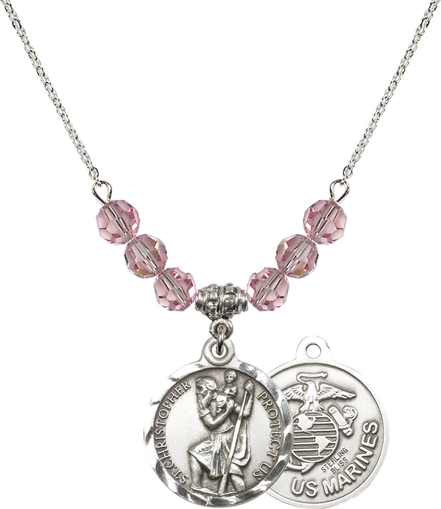 Sterling Silver Saint Christopher / Marines Birthstone Necklace with Light Rose Beads - 0192
