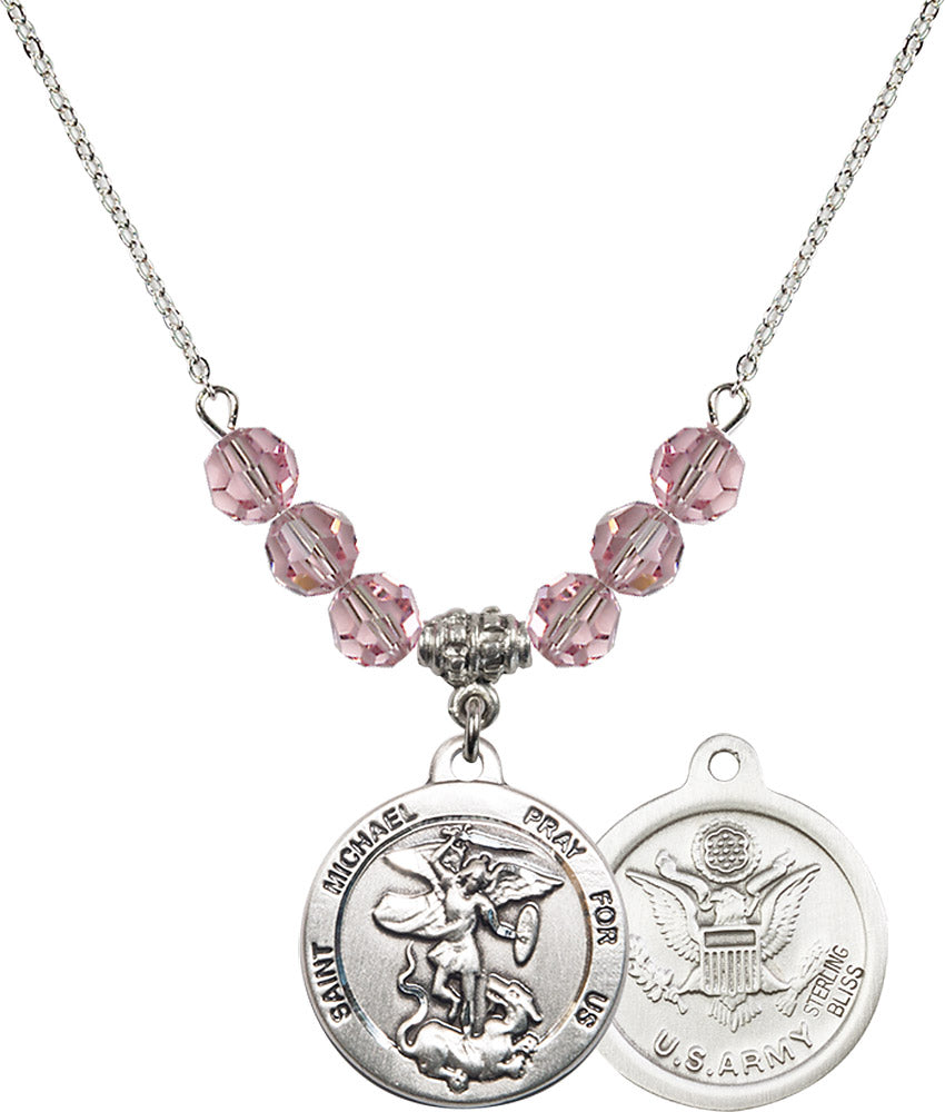 Sterling Silver Saint Michael / Army Birthstone Necklace with Light Rose Beads - 0342