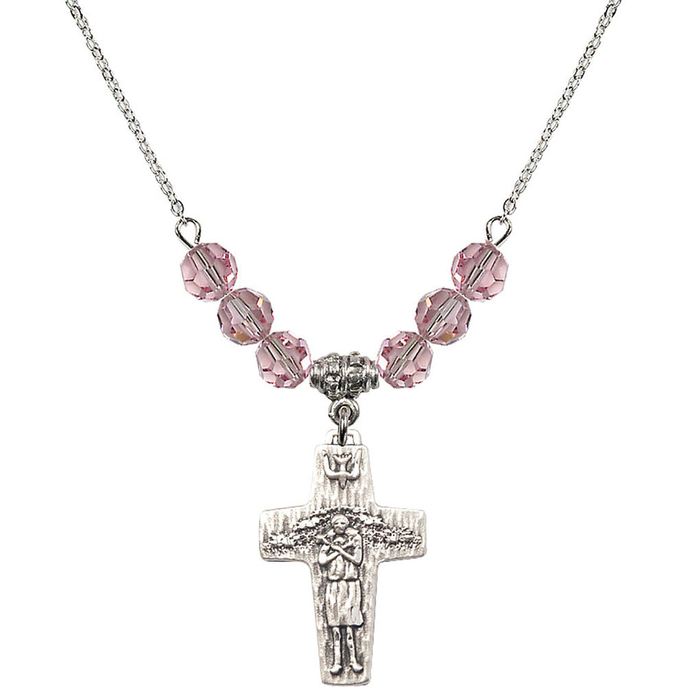 Sterling Silver Papal Crucifix Birthstone Necklace with Light Rose Beads - 0569