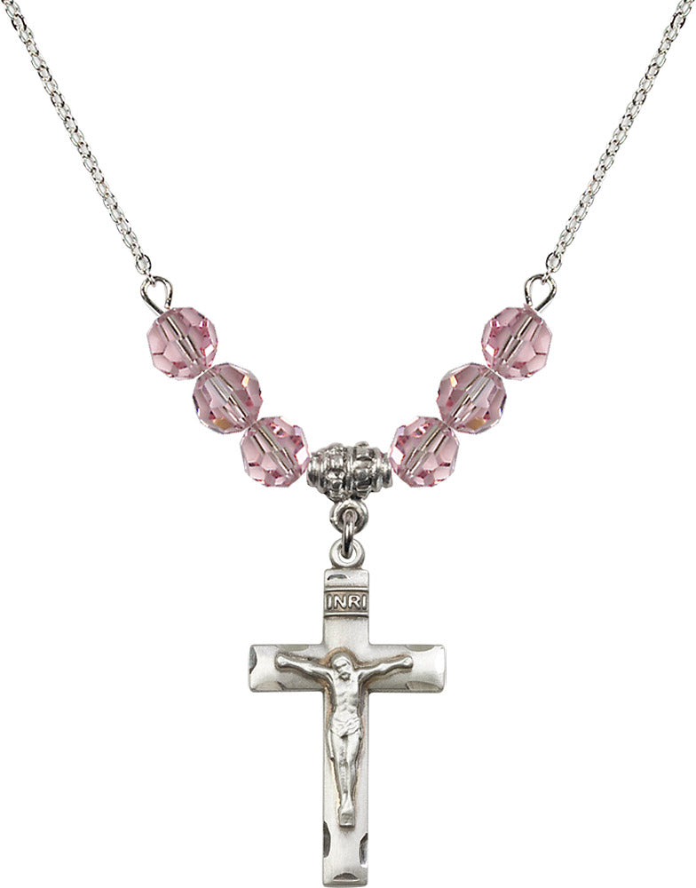 Sterling Silver Crucifix Birthstone Necklace with Light Rose Beads - 0624