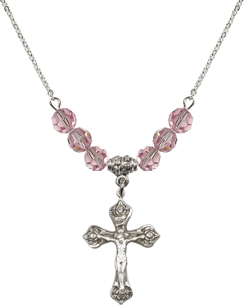 Sterling Silver Crucifix Birthstone Necklace with Light Rose Beads - 0662