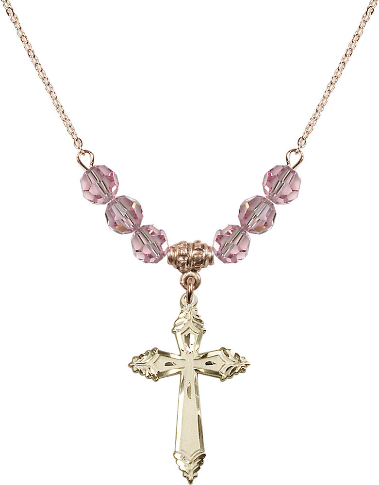 14kt Gold Filled Cross Birthstone Necklace with Light Rose Beads - 0665