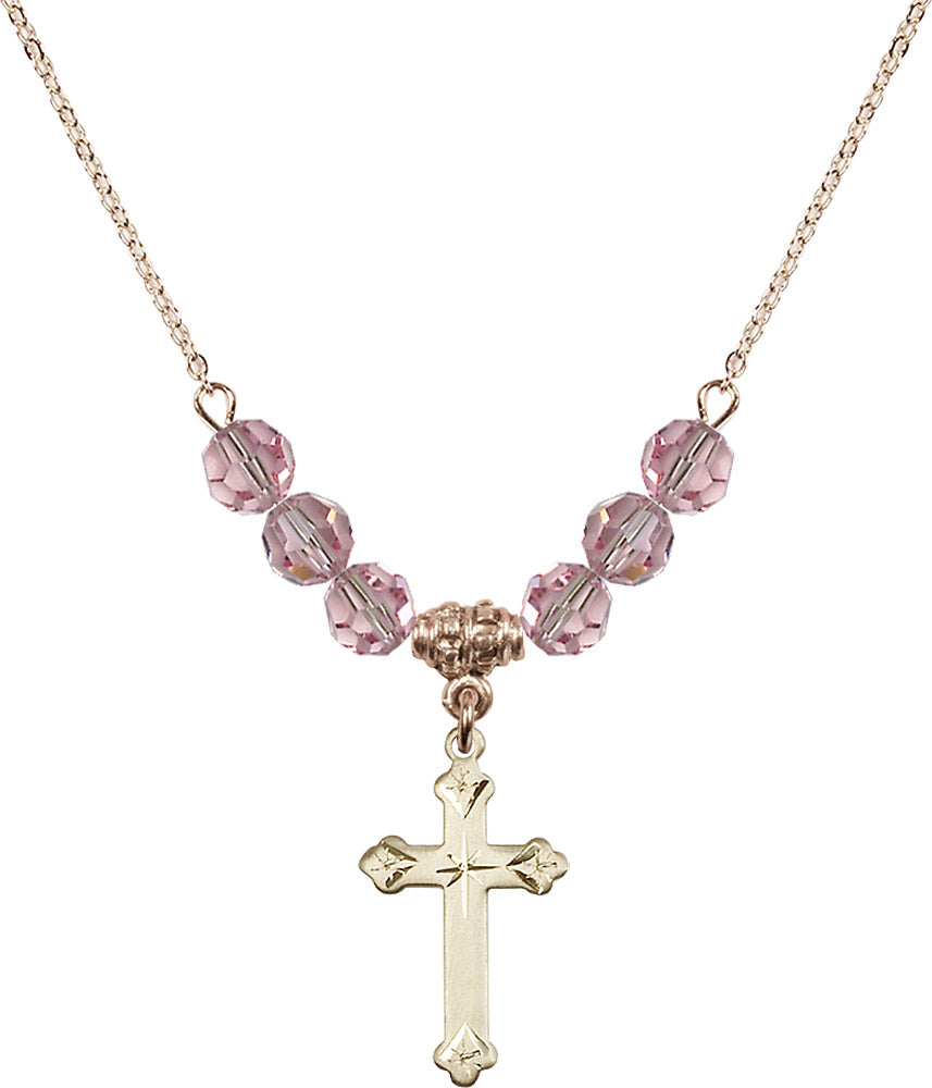 14kt Gold Filled Cross Birthstone Necklace with Light Rose Beads - 0667