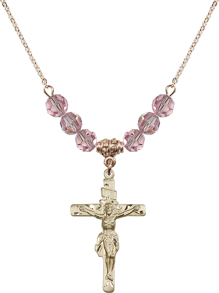 14kt Gold Filled Crucifix Birthstone Necklace with Light Rose Beads - 0668