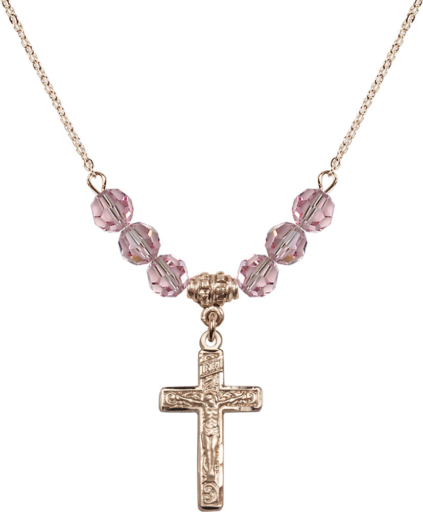 14kt Gold Filled Crucifix Birthstone Necklace with Light Rose Beads - 0673