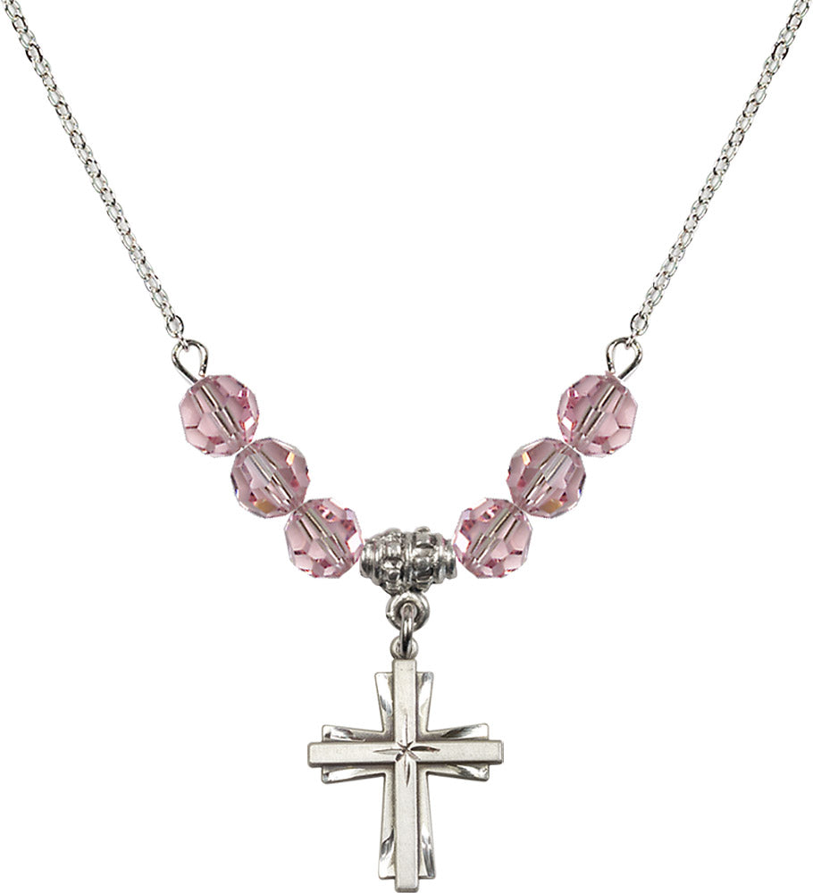 Sterling Silver Cross Birthstone Necklace with Light Rose Beads - 0675