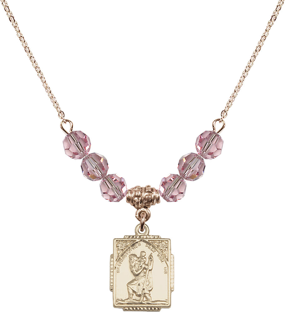 14kt Gold Filled Saint Christopher Birthstone Necklace with Light Rose Beads - 0804