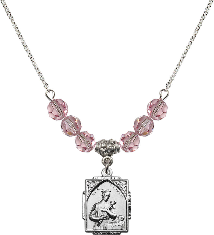Sterling Silver Saint Gerard Birthstone Necklace with Light Rose Beads - 0804
