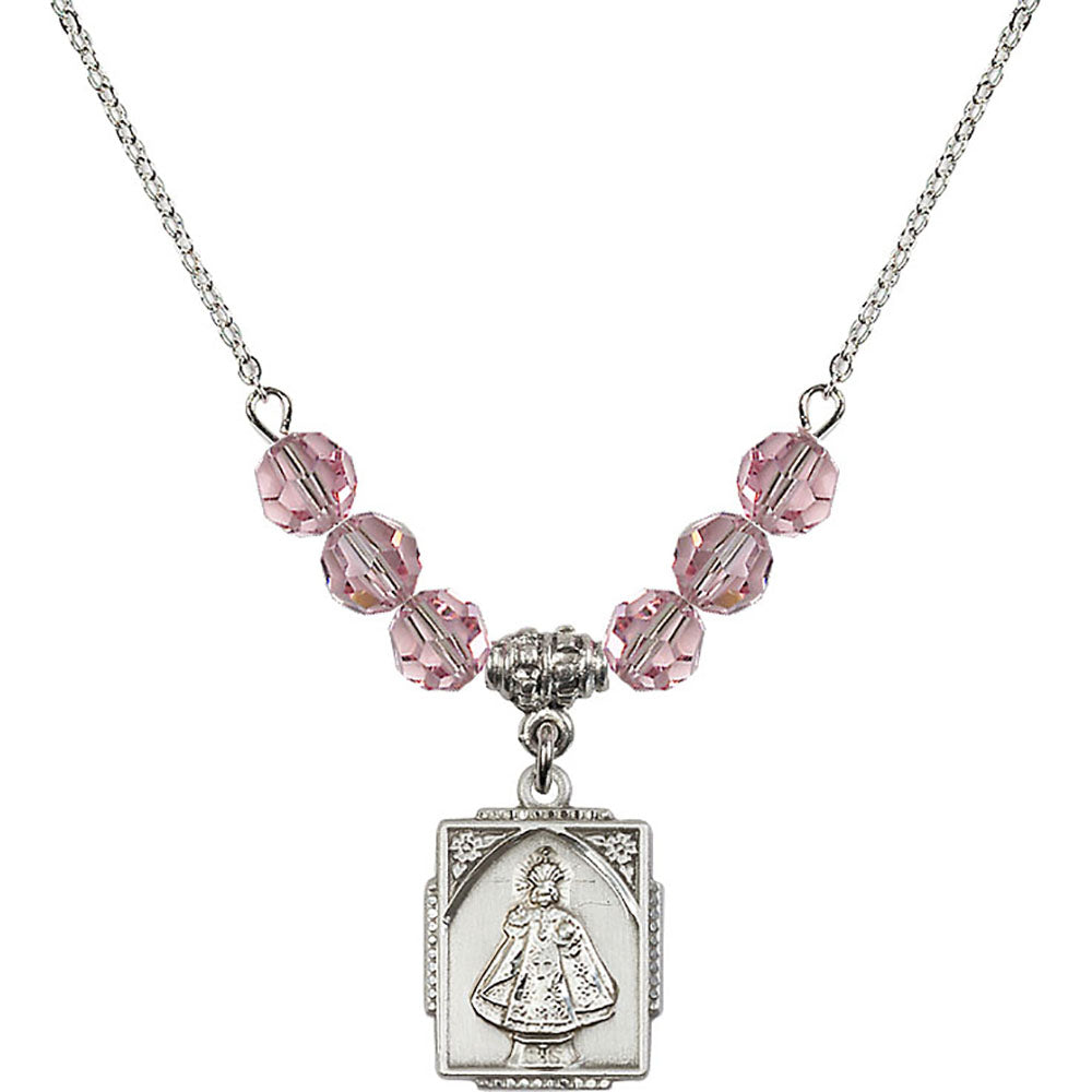 Sterling Silver Infant of Prague Birthstone Necklace with Light Rose Beads - 0804