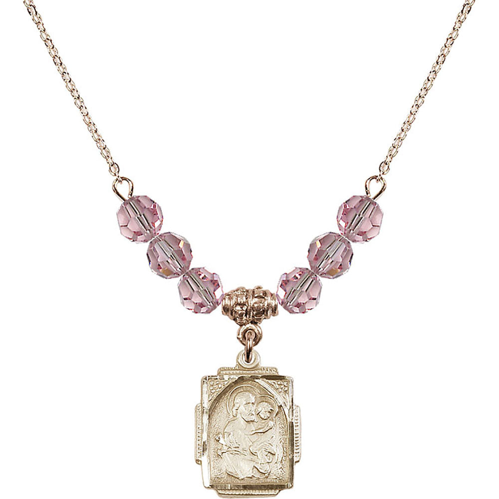 14kt Gold Filled Saint Joseph Birthstone Necklace with Light Rose Beads - 0804