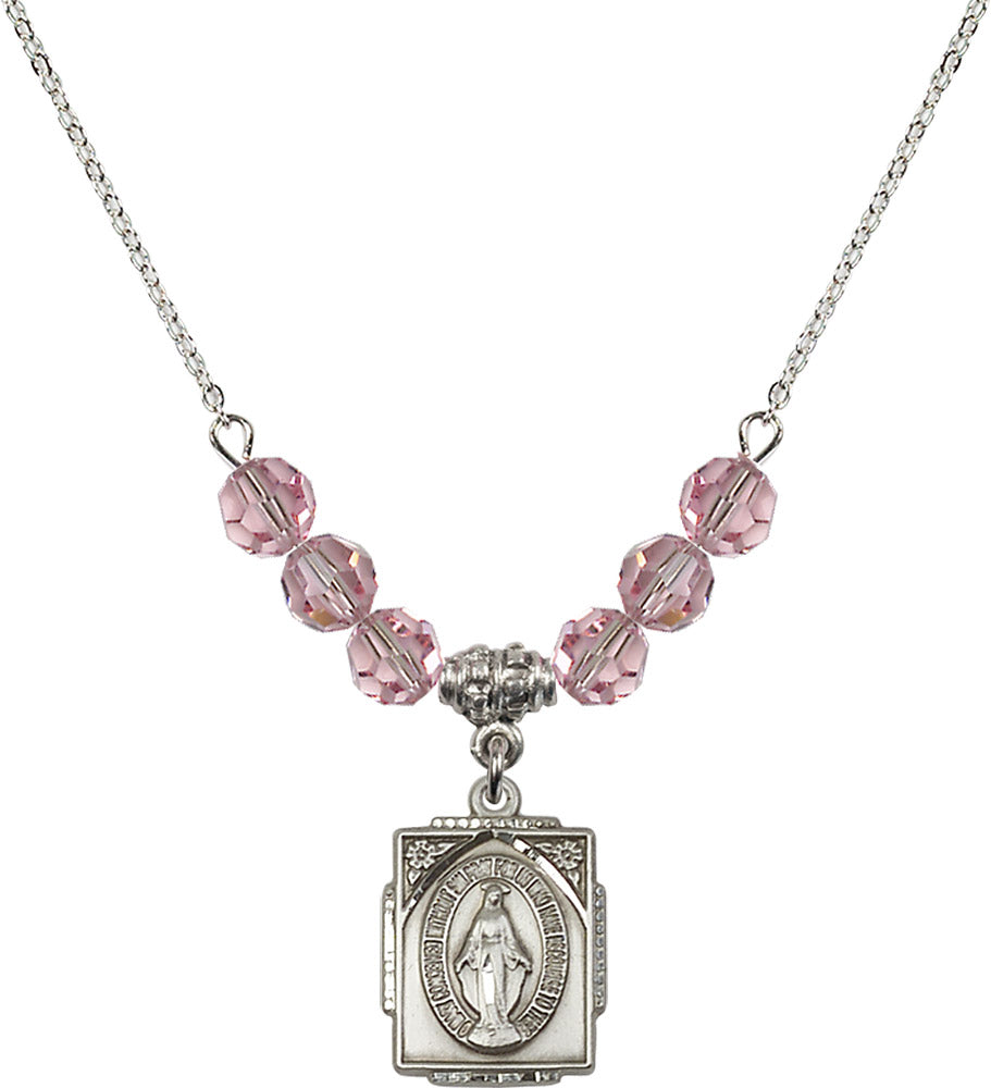 Sterling Silver Miraculous Birthstone Necklace with Light Rose Beads - 0804