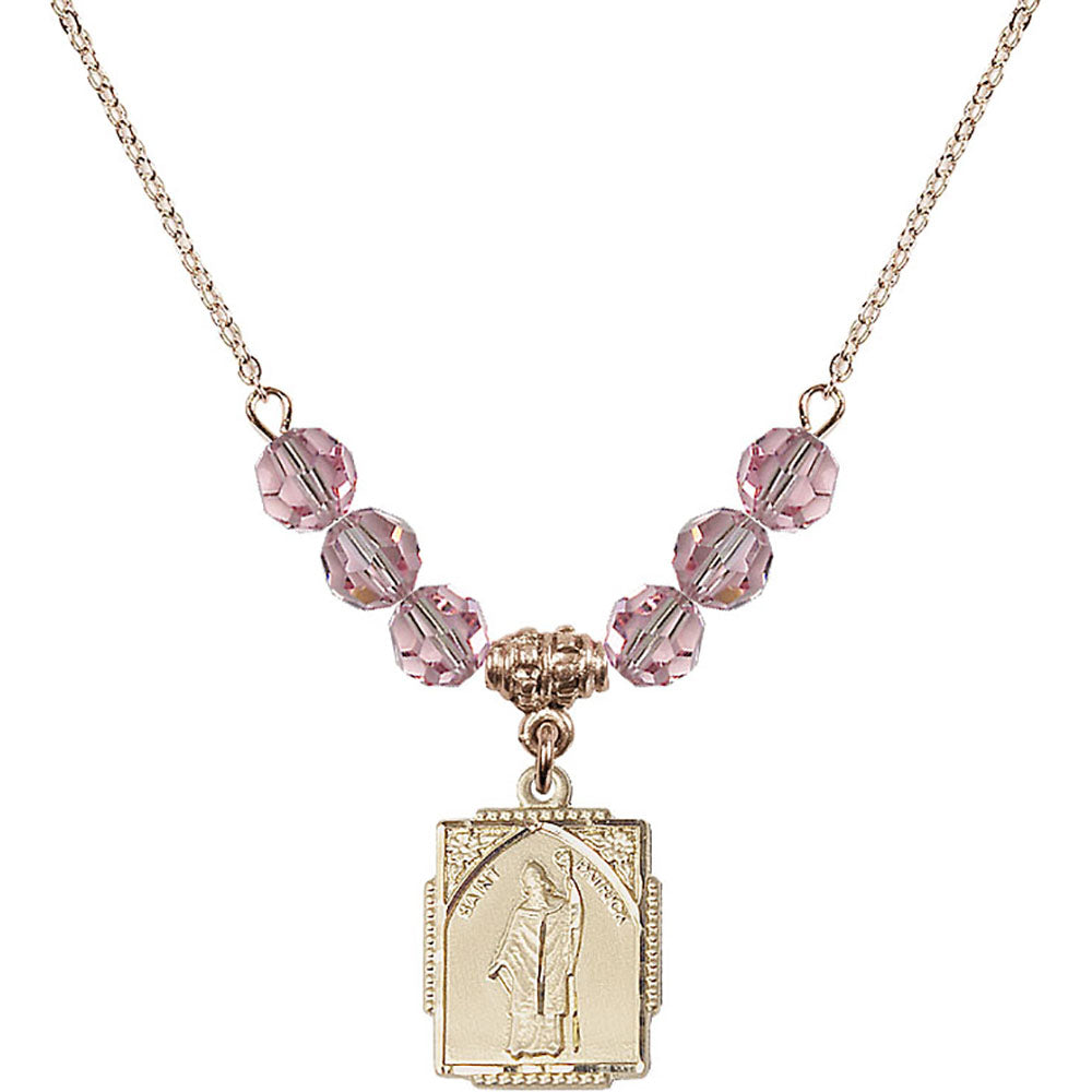 14kt Gold Filled Saint Patrick Birthstone Necklace with Light Rose Beads - 0804