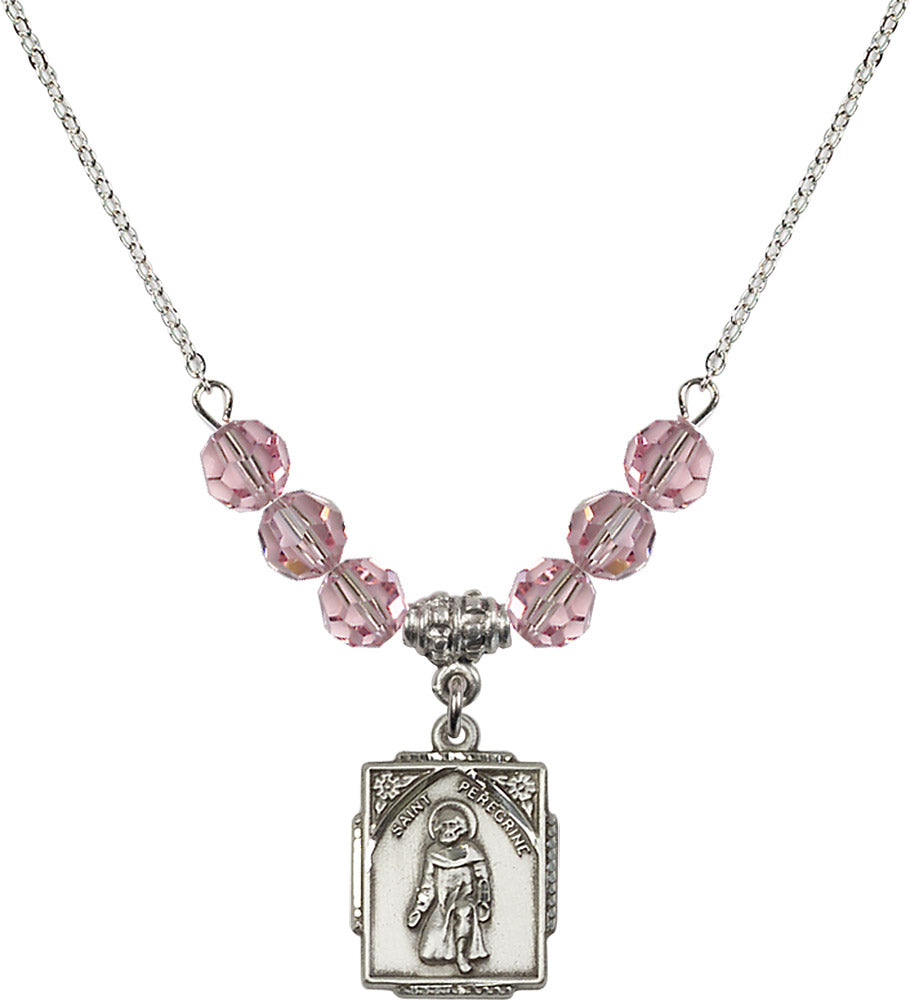 Sterling Silver Saint Peregrine Birthstone Necklace with Light Rose Beads - 0804