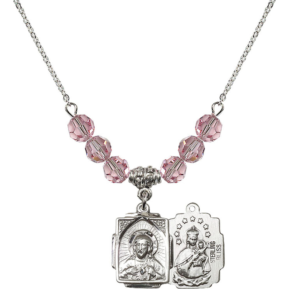 Sterling Silver Scapular Birthstone Necklace with Light Rose Beads - 0804