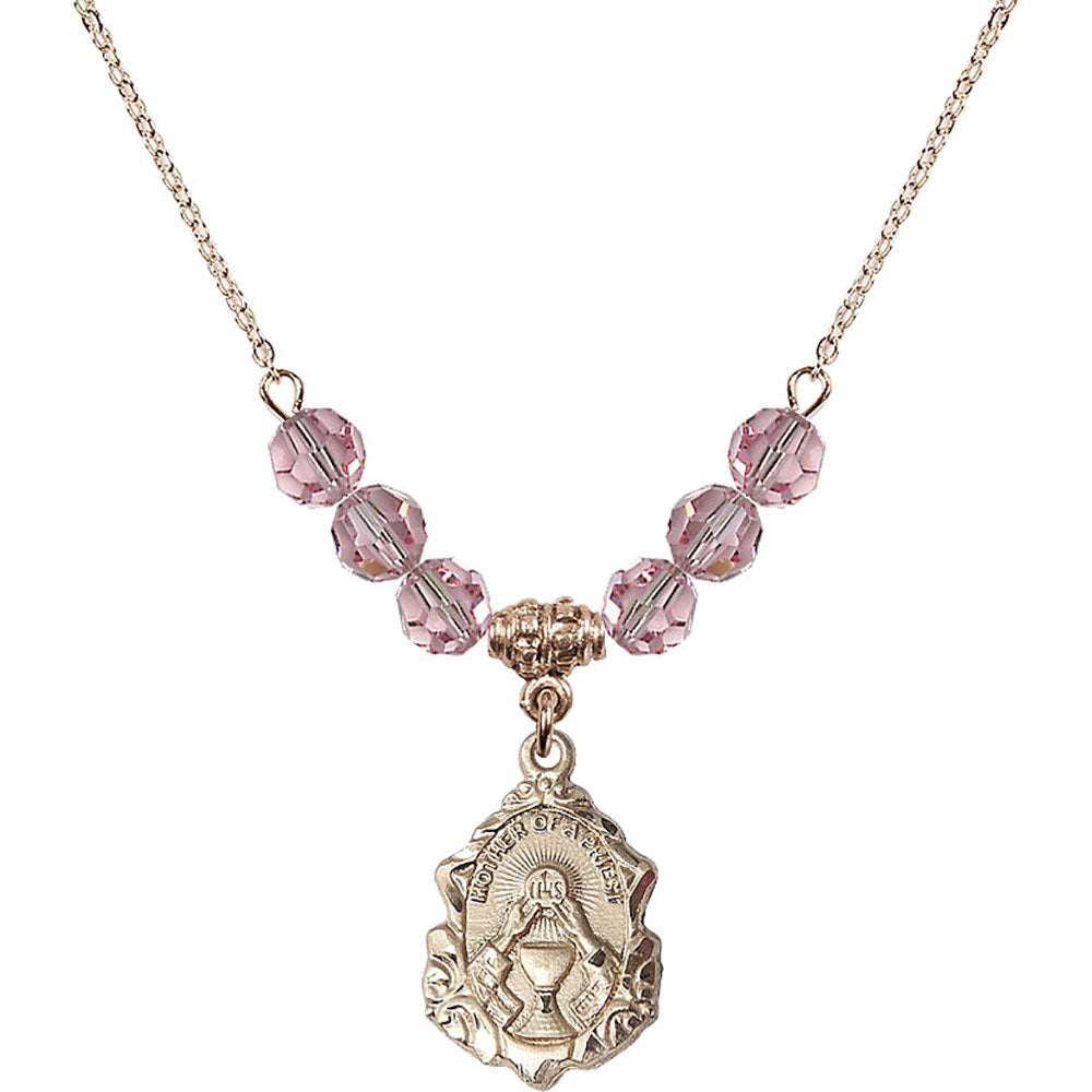 14kt Gold Filled Mother of a Priest Birthstone Necklace with Light Rose Beads - 0811
