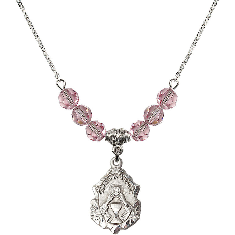 Sterling Silver Mother of a Priest Birthstone Necklace with Light Rose Beads - 0811