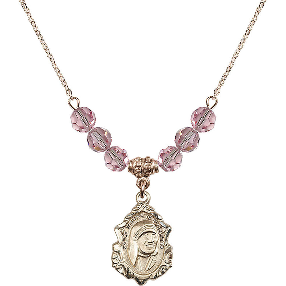 14kt Gold Filled Saint Teresa of Calcutta Birthstone Necklace with Light Rose Beads - 0812