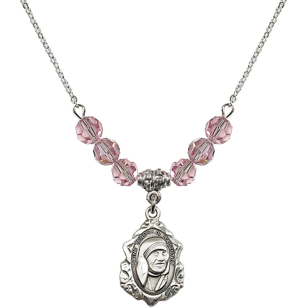 Sterling Silver Saint Teresa of Calcutta Birthstone Necklace with Light Rose Beads - 0812