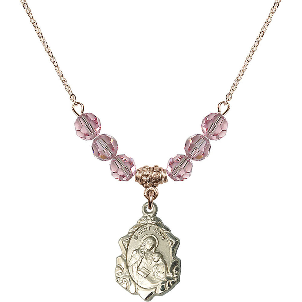 14kt Gold Filled Saint Ann Birthstone Necklace with Light Rose Beads - 0822