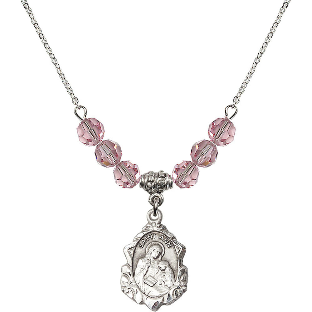 Sterling Silver Saint Ann Birthstone Necklace with Light Rose Beads - 0822